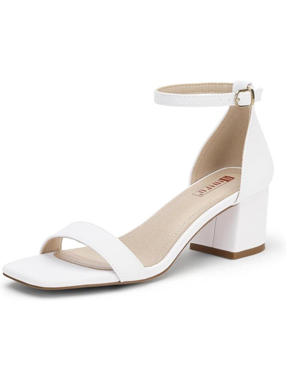 Women's White Chunky Block Low Square Open Toe Ankle Strap Cute Heeled Sandals